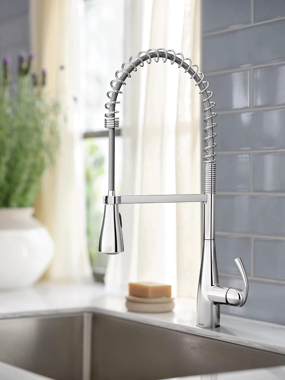 image:imageMoen Essie Matte Black Single Handle PullDown Sprayer Kitchen Faucet with Soap Dispenser Reflex and Power Clean Technology 87014BLChrome