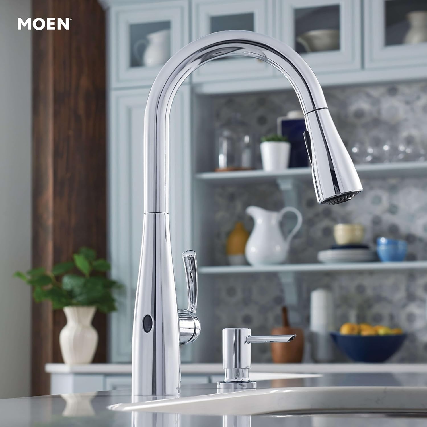 image:imageMoen Essie Matte Black Single Handle PullDown Sprayer Kitchen Faucet with Soap Dispenser Reflex and Power Clean Technology 87014BLChrome
