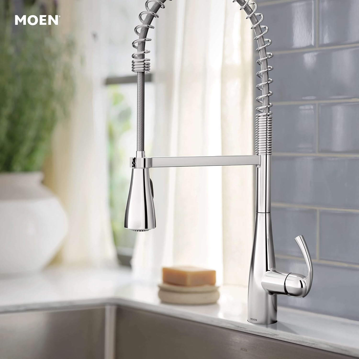 image:imageMoen Essie Matte Black Single Handle PullDown Sprayer Kitchen Faucet with Soap Dispenser Reflex and Power Clean Technology 87014BLChrome