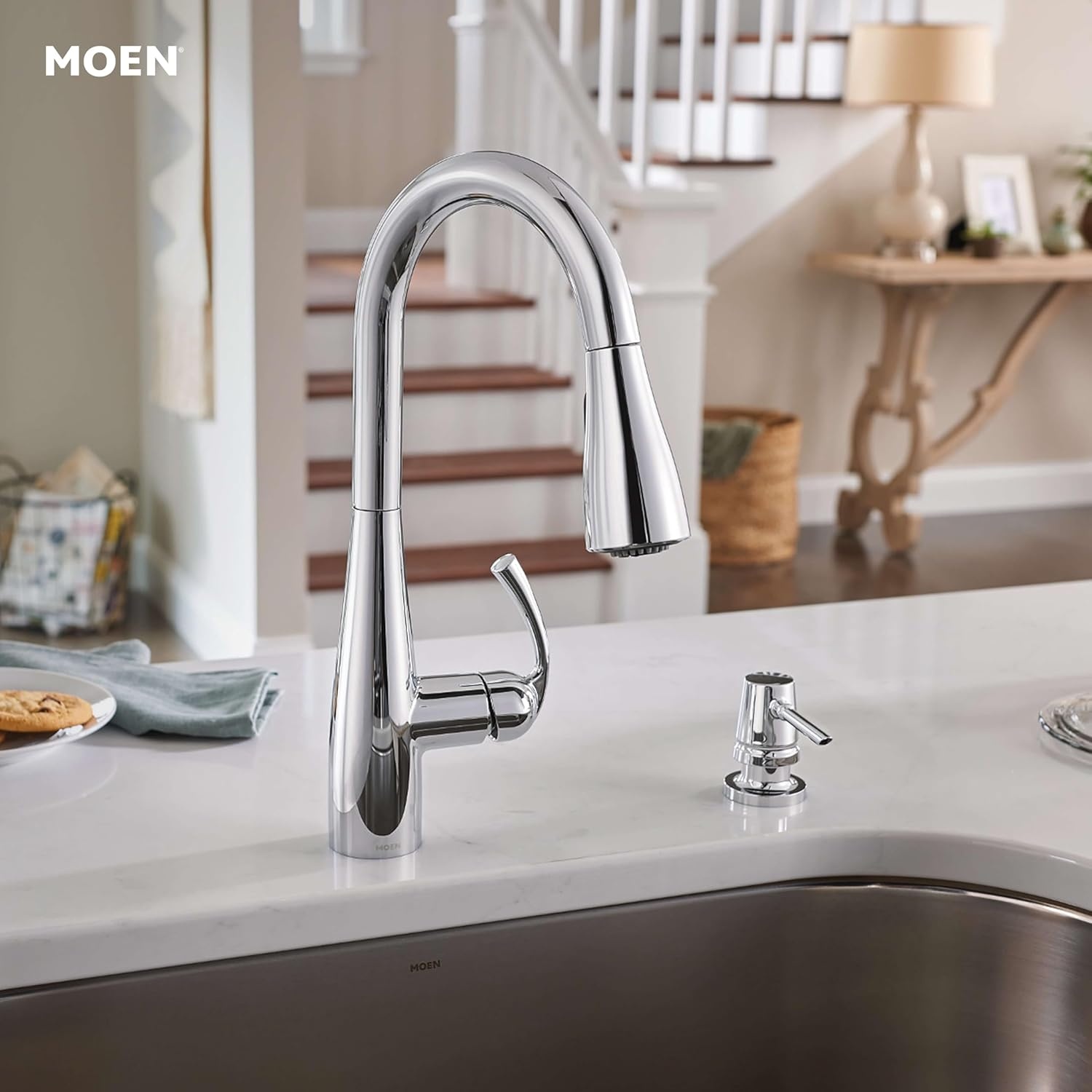 image:imageMoen Essie Matte Black Single Handle PullDown Sprayer Kitchen Faucet with Soap Dispenser Reflex and Power Clean Technology 87014BLChrome