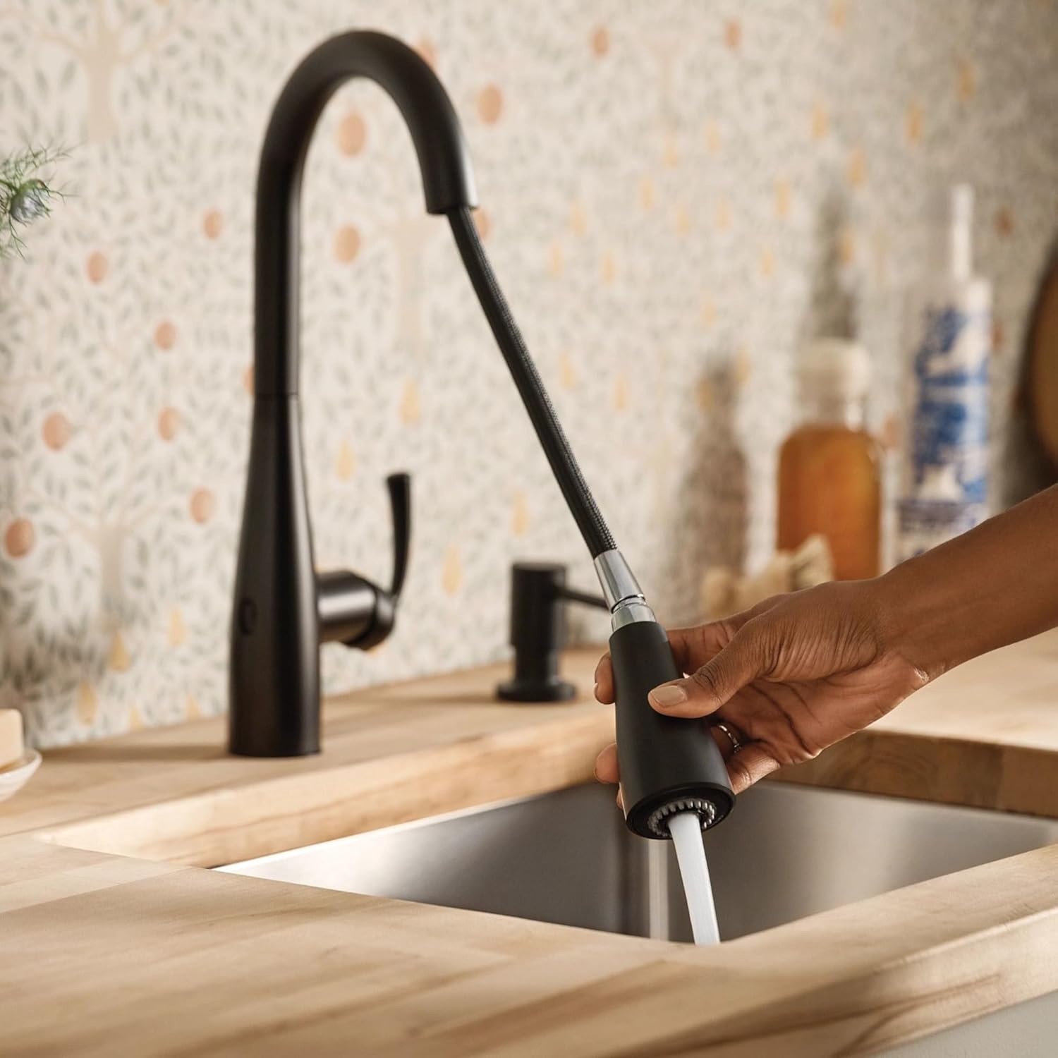 image:imageMoen Essie Matte Black Single Handle PullDown Sprayer Kitchen Faucet with Soap Dispenser Reflex and Power Clean Technology 87014BLMatte Black
