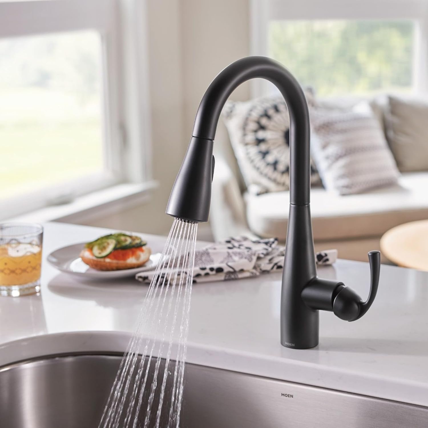 image:imageMoen Essie Matte Black Single Handle PullDown Sprayer Kitchen Faucet with Soap Dispenser Reflex and Power Clean Technology 87014BLMatte Black