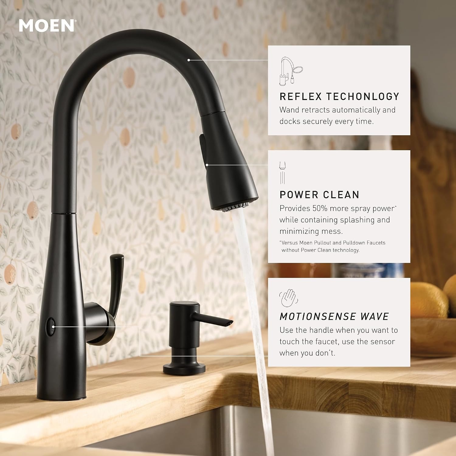 image:imageMoen Essie Mediterranean Bronze MotionSense Wave OneHandle Touchless Kitchen Faucet with Pulldown Sprayer and Soap Dispenser 87014EWBRB