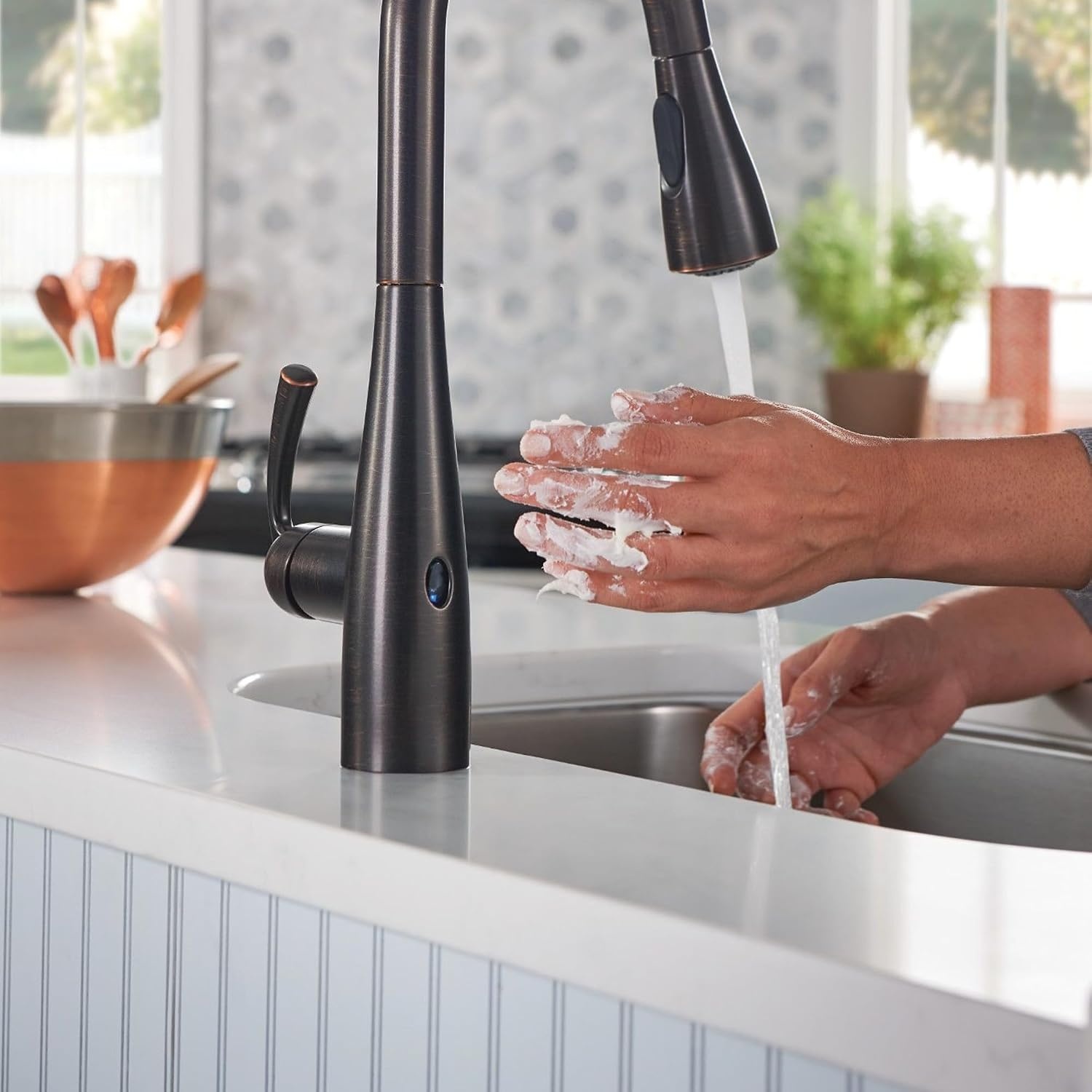 image:imageMoen Essie Mediterranean Bronze MotionSense Wave OneHandle Touchless Kitchen Faucet with Pulldown Sprayer and Soap Dispenser 87014EWBRB
