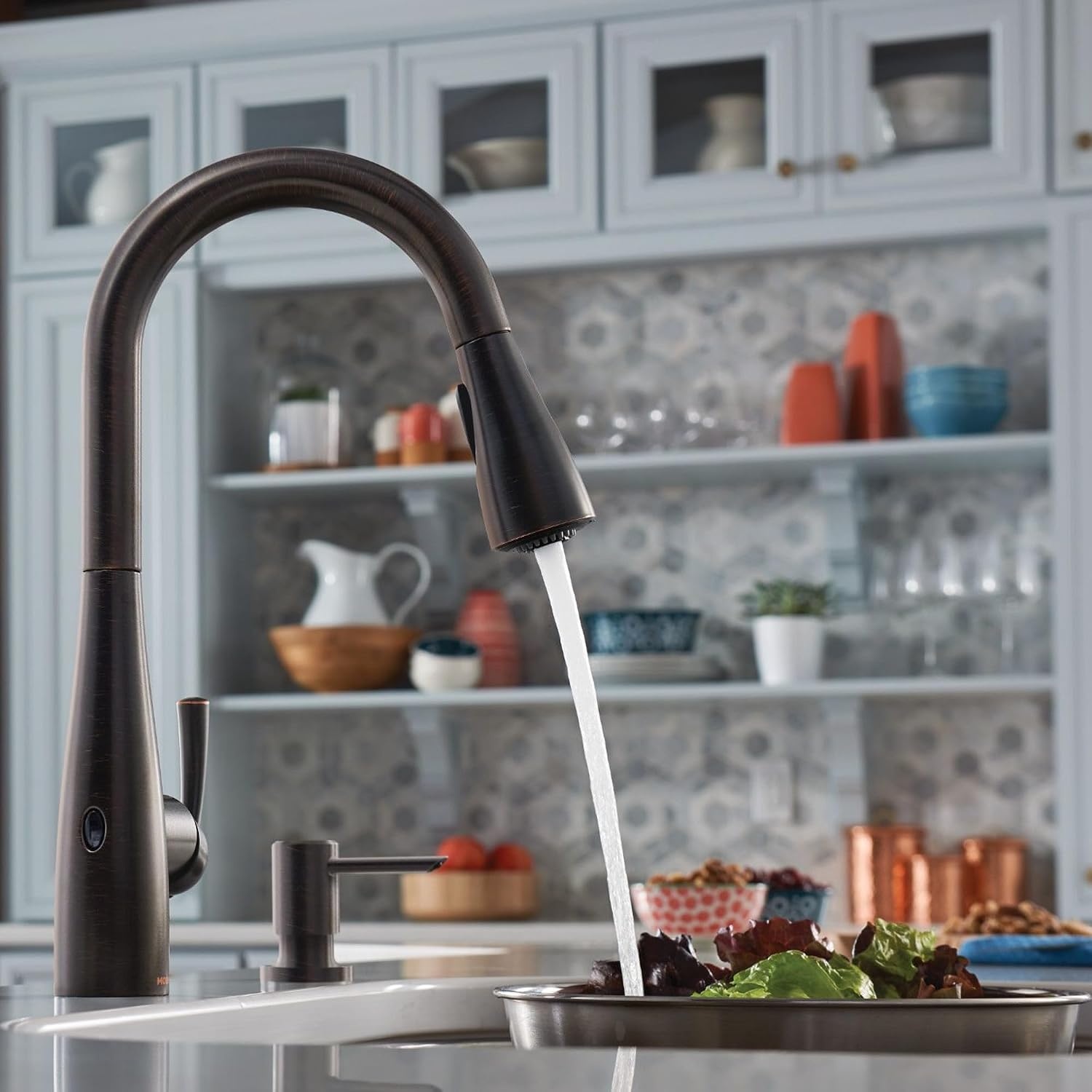 image:imageMoen Essie Mediterranean Bronze MotionSense Wave OneHandle Touchless Kitchen Faucet with Pulldown Sprayer and Soap Dispenser 87014EWBRB