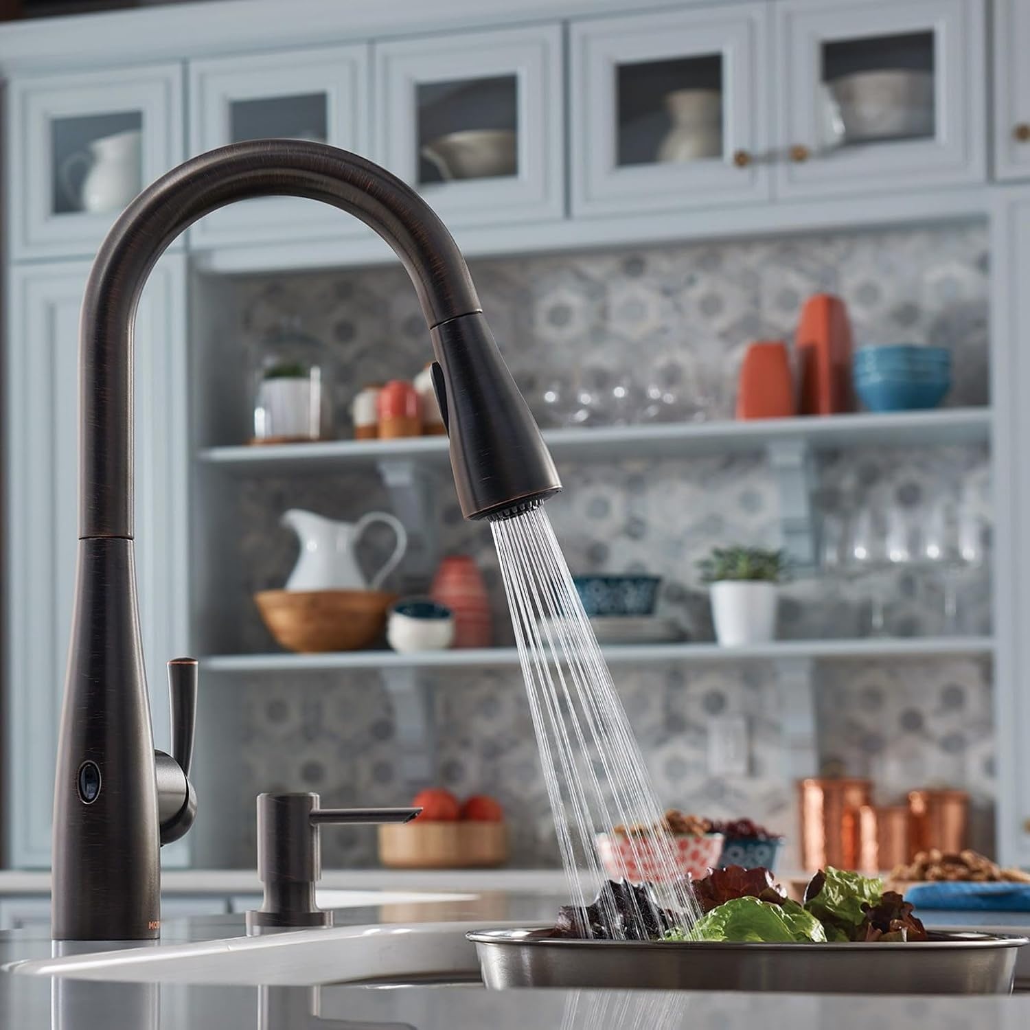 image:imageMoen Essie Mediterranean Bronze MotionSense Wave OneHandle Touchless Kitchen Faucet with Pulldown Sprayer and Soap Dispenser 87014EWBRB