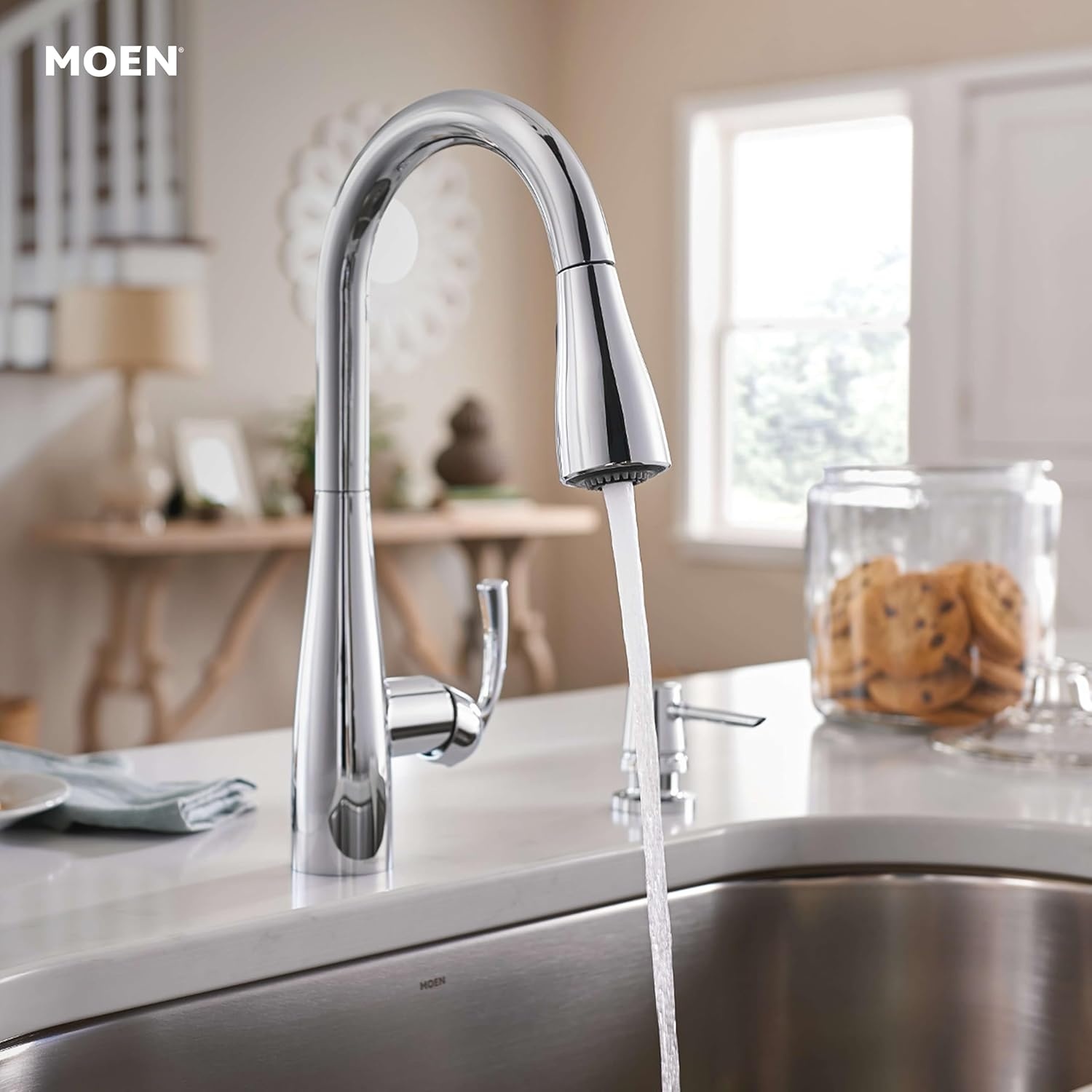 image:imageMoen Essie PreRinse Pulldown Kitchen Faucet wSoap 87814SRSChrome