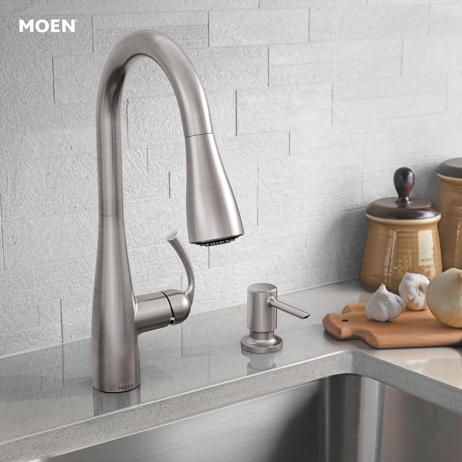 image:imageMoen Essie PreRinse Pulldown Kitchen Faucet wSoap 87814SRSSpot Resist Stainless