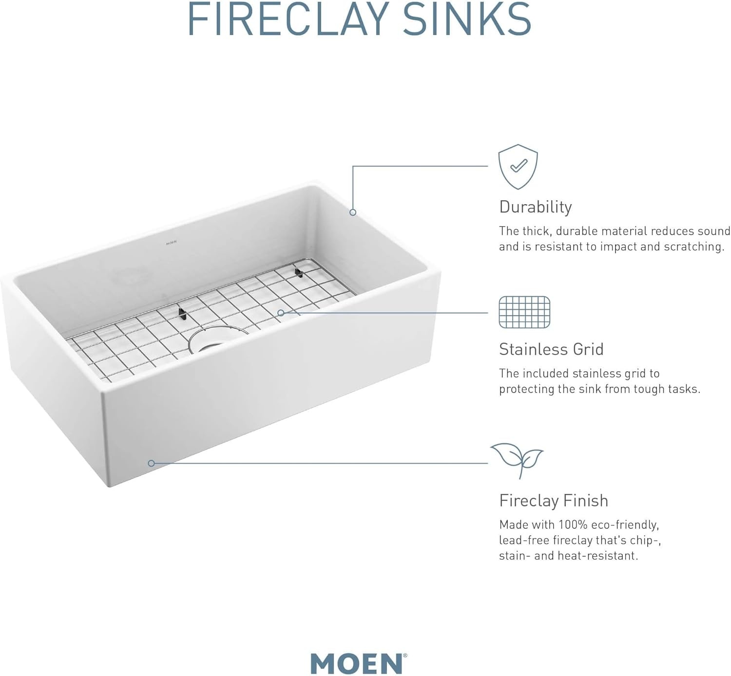 image:imageMoen FC331910 ApronFront Fireclay Single Bowl Undermount Kitchen Sink 33 White