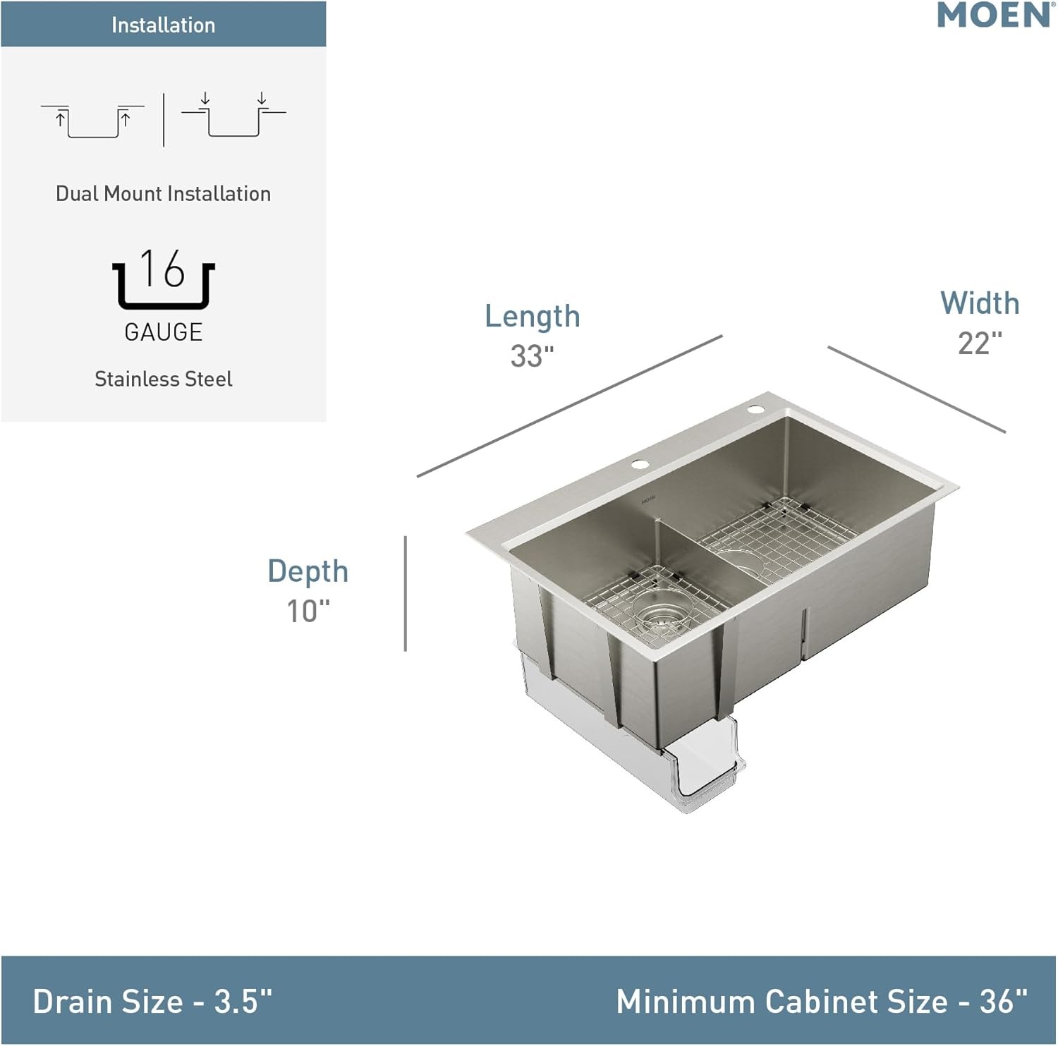 image:imageMoen GS161202R Luxe Chef Workstation System 33Inch Dual Mount Single Bowl Kitchen Sink Stainless SteelDouble Bowl