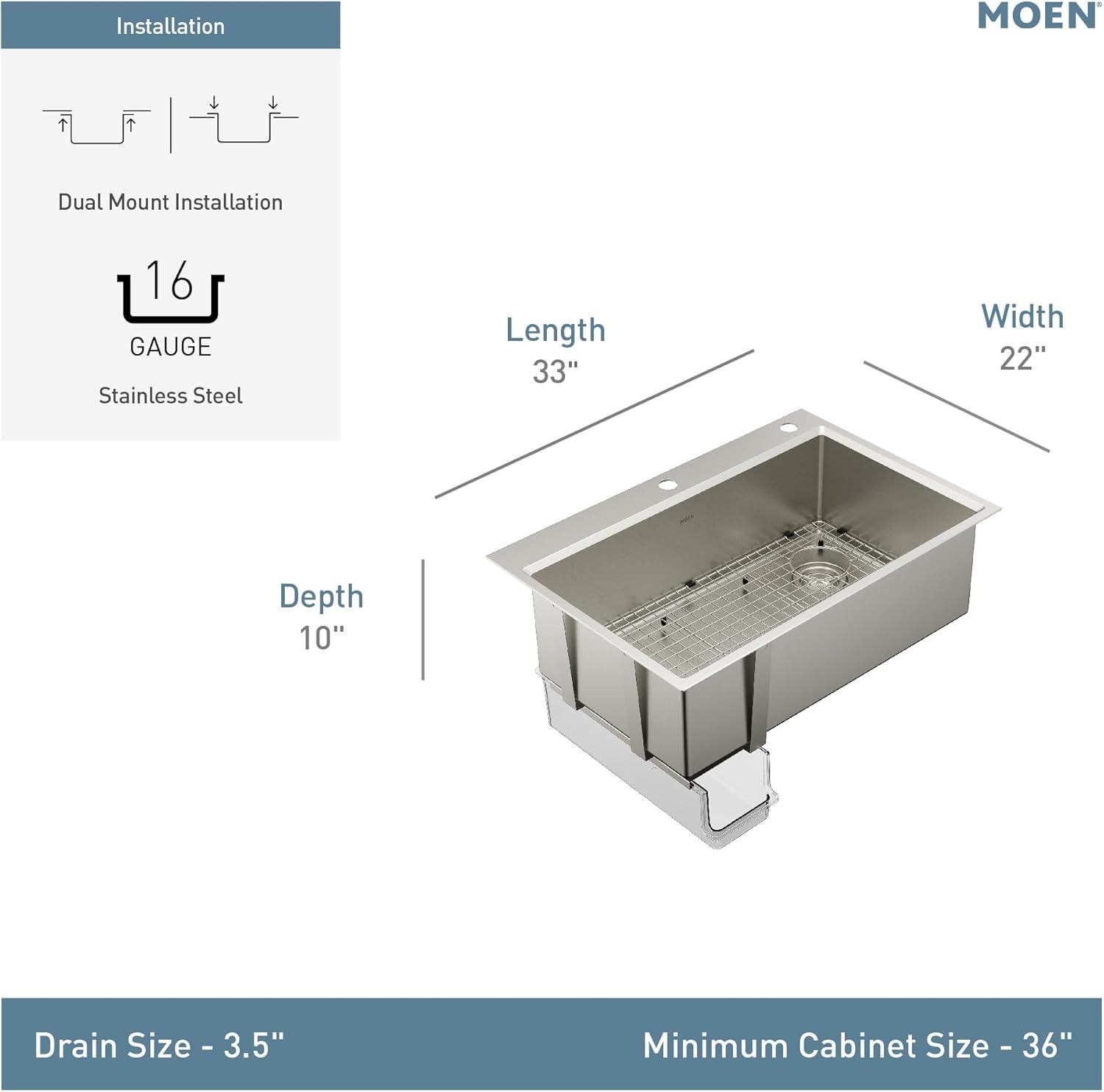 image:imageMoen GS161202R Luxe Chef Workstation System 33Inch Dual Mount Single Bowl Kitchen Sink Stainless SteelSingle Bowl