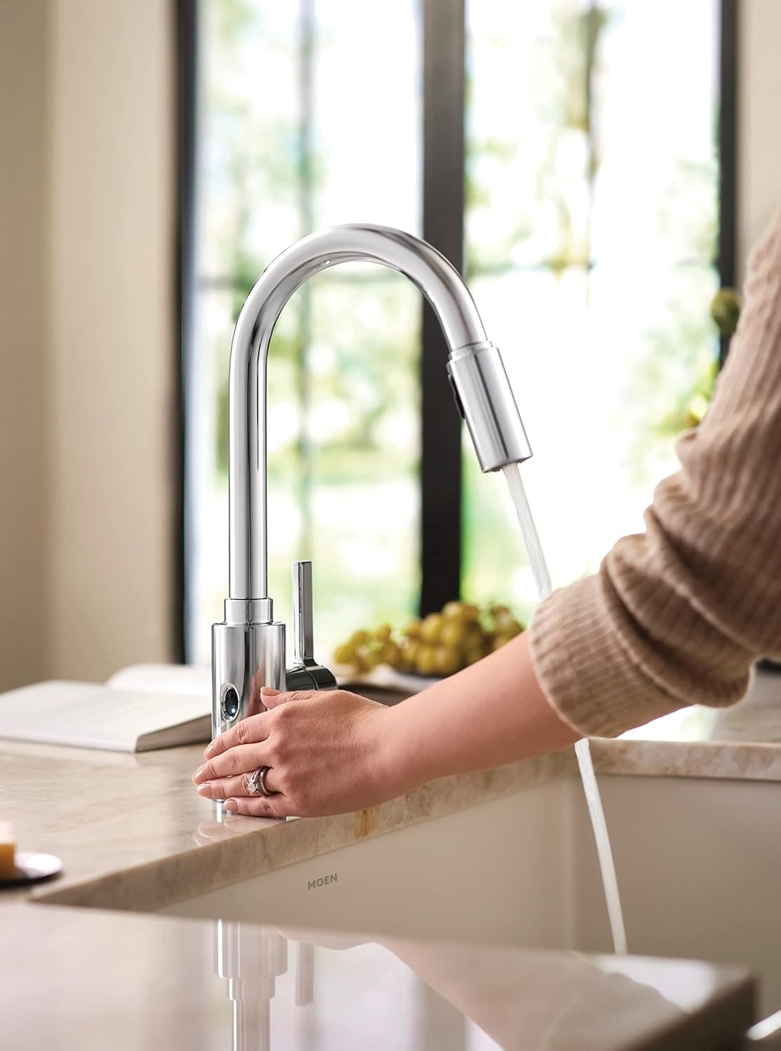 image:imageMoen Genta LX Touchless Kitchen Faucet MotionSense Wave Sensor High Arc Pulldown with Power Clean Spray OneHandle Chrome 7882EWCChrome