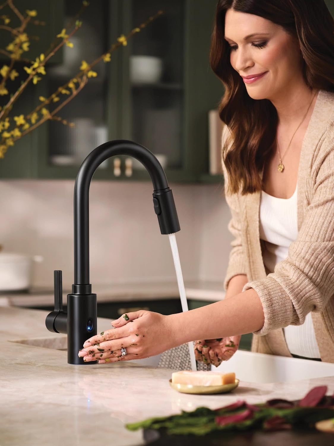 image:imageMoen Genta LX Touchless Kitchen Faucet MotionSense Wave Sensor High Arc Pulldown with Power Clean Spray OneHandle Chrome 7882EWCMatte Black