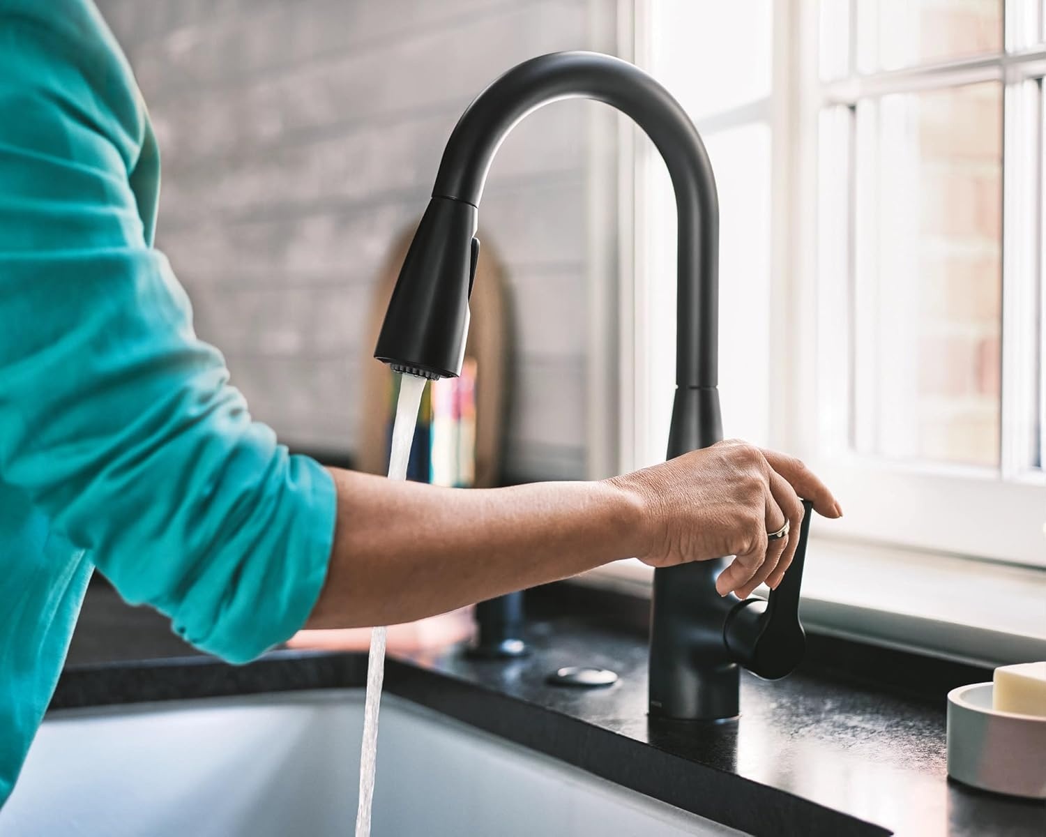 image:imageMoen Haelyn Matte Black Touchless SingleHandle PullDown Sprayer Kitchen Faucet with Soap Dispenser Features Power Clean for a Faster Wash 87627EWBLMatte Black