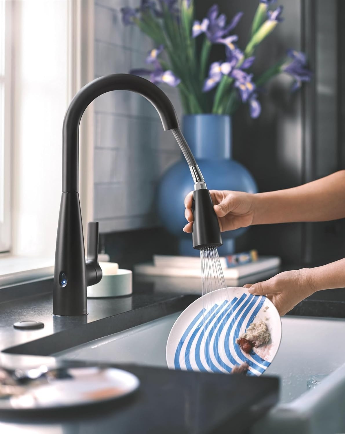 image:imageMoen Haelyn Matte Black Touchless SingleHandle PullDown Sprayer Kitchen Faucet with Soap Dispenser Features Power Clean for a Faster Wash 87627EWBLMatte Black
