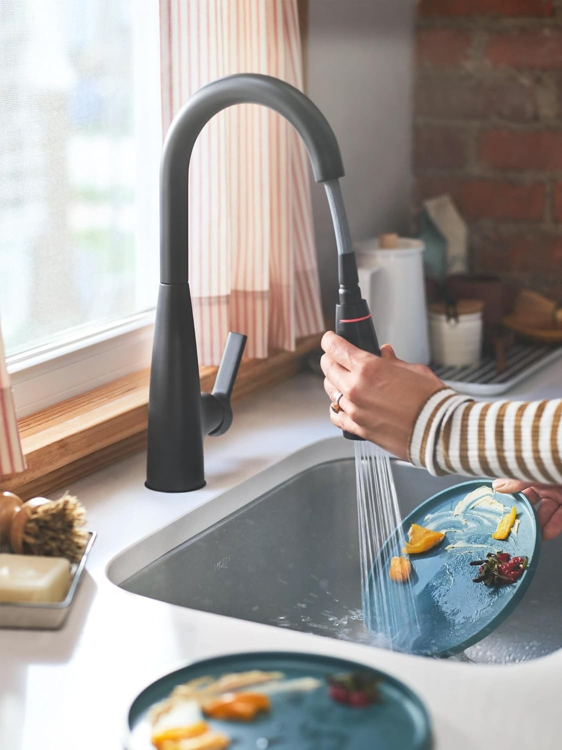 image:imageMoen Haelyn Matte Black Touchless SingleHandle PullDown Sprayer Kitchen Faucet with Soap Dispenser Features Power Clean for a Faster Wash 87627EWBLMatte Black