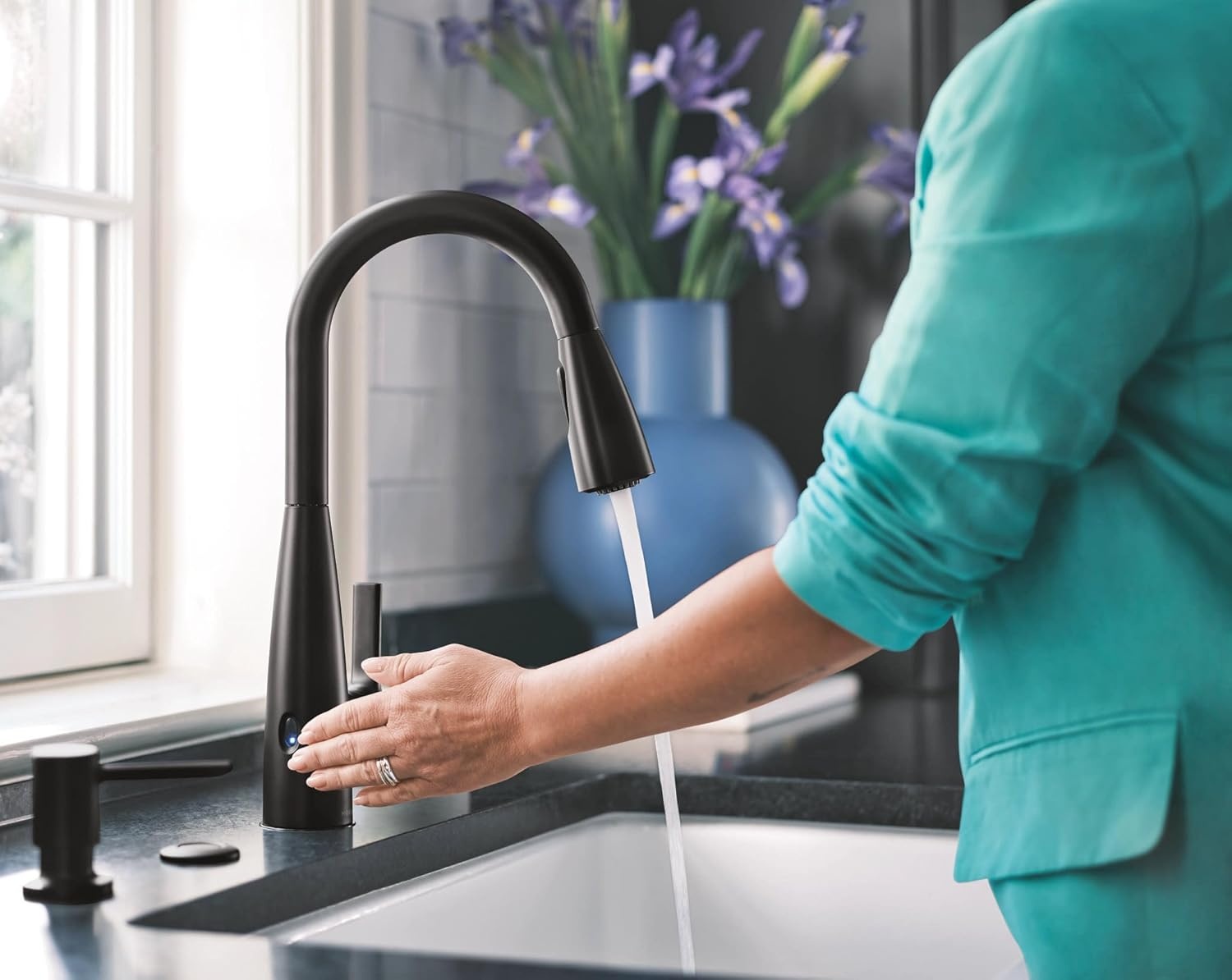 image:imageMoen Haelyn Matte Black Touchless SingleHandle PullDown Sprayer Kitchen Faucet with Soap Dispenser Features Power Clean for a Faster Wash 87627EWBLMatte Black