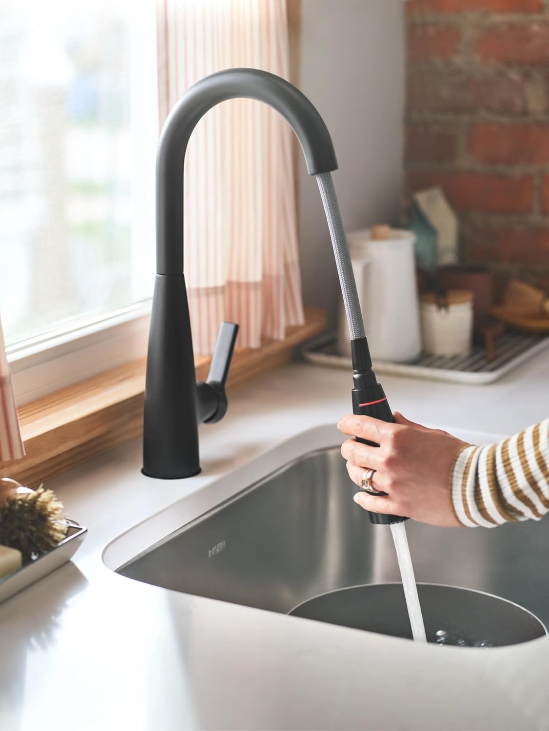 image:imageMoen Haelyn Matte Black Touchless SingleHandle PullDown Sprayer Kitchen Faucet with Soap Dispenser Features Power Clean for a Faster Wash 87627EWBLMatte Black