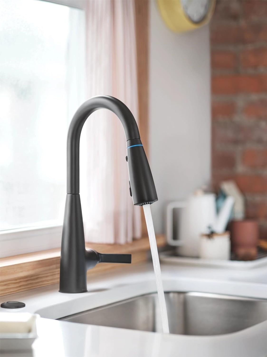 image:imageMoen Haelyn Matte Black Touchless SingleHandle PullDown Sprayer Kitchen Faucet with Soap Dispenser Features Power Clean for a Faster Wash 87627EWBLMatte Black