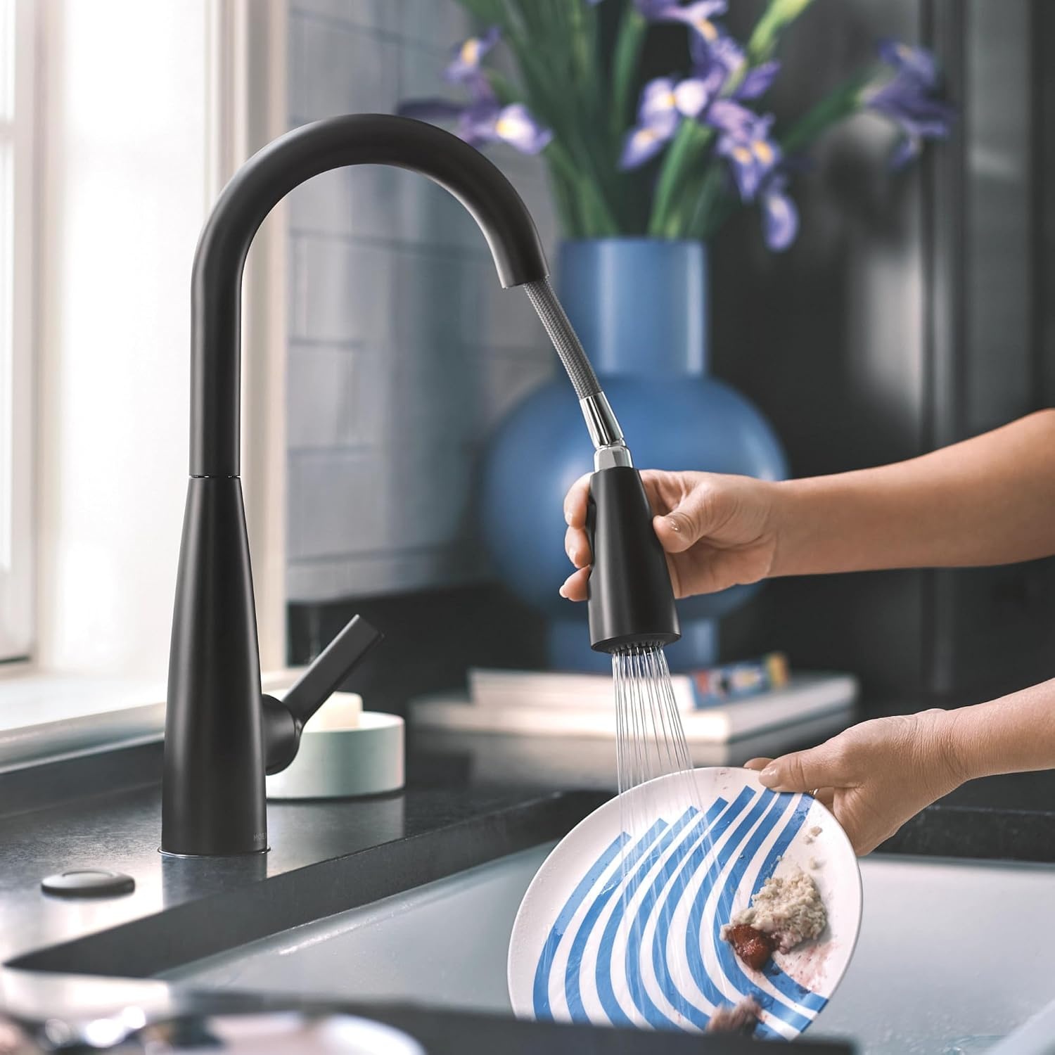 image:imageMoen Haelyn Matte Black Touchless SingleHandle PullDown Sprayer Kitchen Faucet with Soap Dispenser Features Power Clean for a Faster Wash 87627EWBLMatte Black