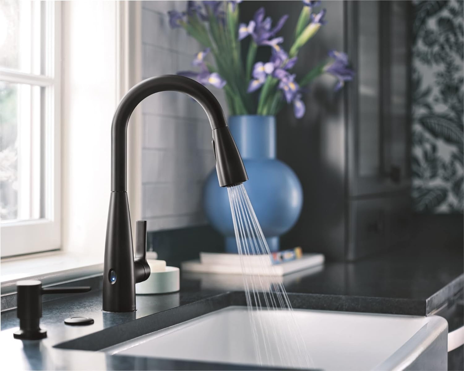image:imageMoen Haelyn Matte Black Touchless SingleHandle PullDown Sprayer Kitchen Faucet with Soap Dispenser Features Power Clean for a Faster Wash 87627EWBLMatte Black