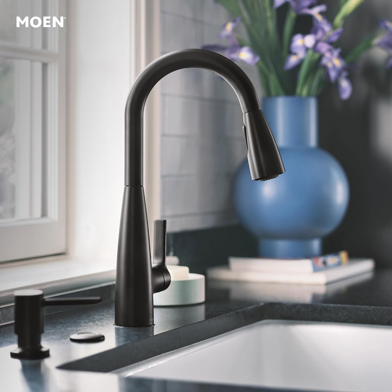 image:imageMoen Haelyn Matte Black Touchless SingleHandle PullDown Sprayer Kitchen Faucet with Soap Dispenser Features Power Clean for a Faster Wash 87627EWBLMatte Black