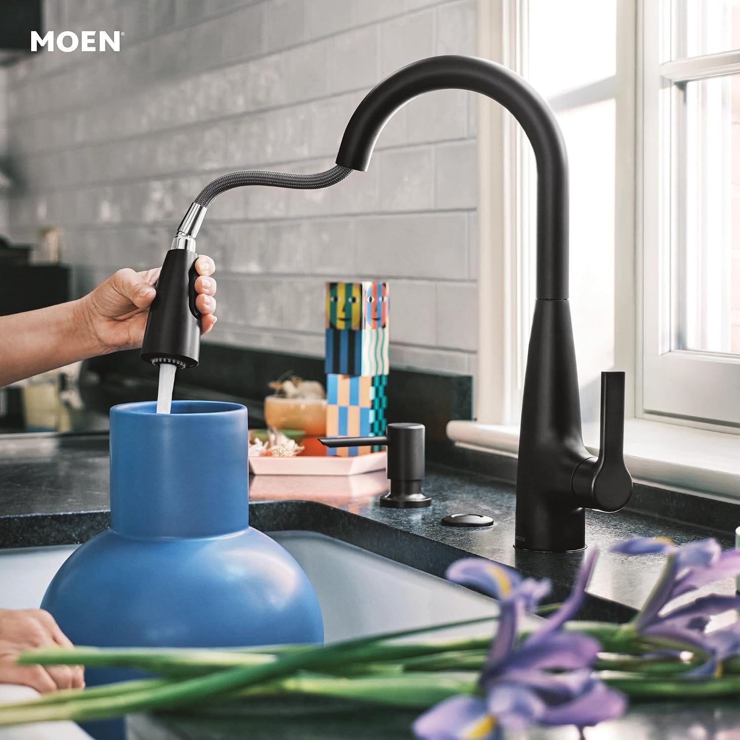 image:imageMoen Haelyn Matte Black Touchless SingleHandle PullDown Sprayer Kitchen Faucet with Soap Dispenser Features Power Clean for a Faster Wash 87627EWBLMatte Black