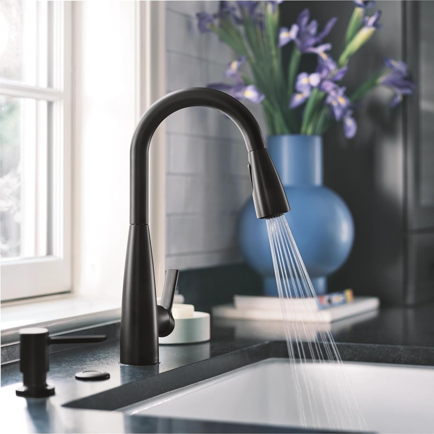 image:imageMoen Haelyn Matte Black Touchless SingleHandle PullDown Sprayer Kitchen Faucet with Soap Dispenser Features Power Clean for a Faster Wash 87627EWBLMatte Black