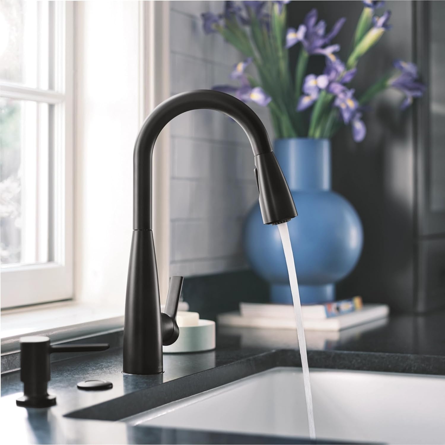image:imageMoen Haelyn Matte Black Touchless SingleHandle PullDown Sprayer Kitchen Faucet with Soap Dispenser Features Power Clean for a Faster Wash 87627EWBLMatte Black