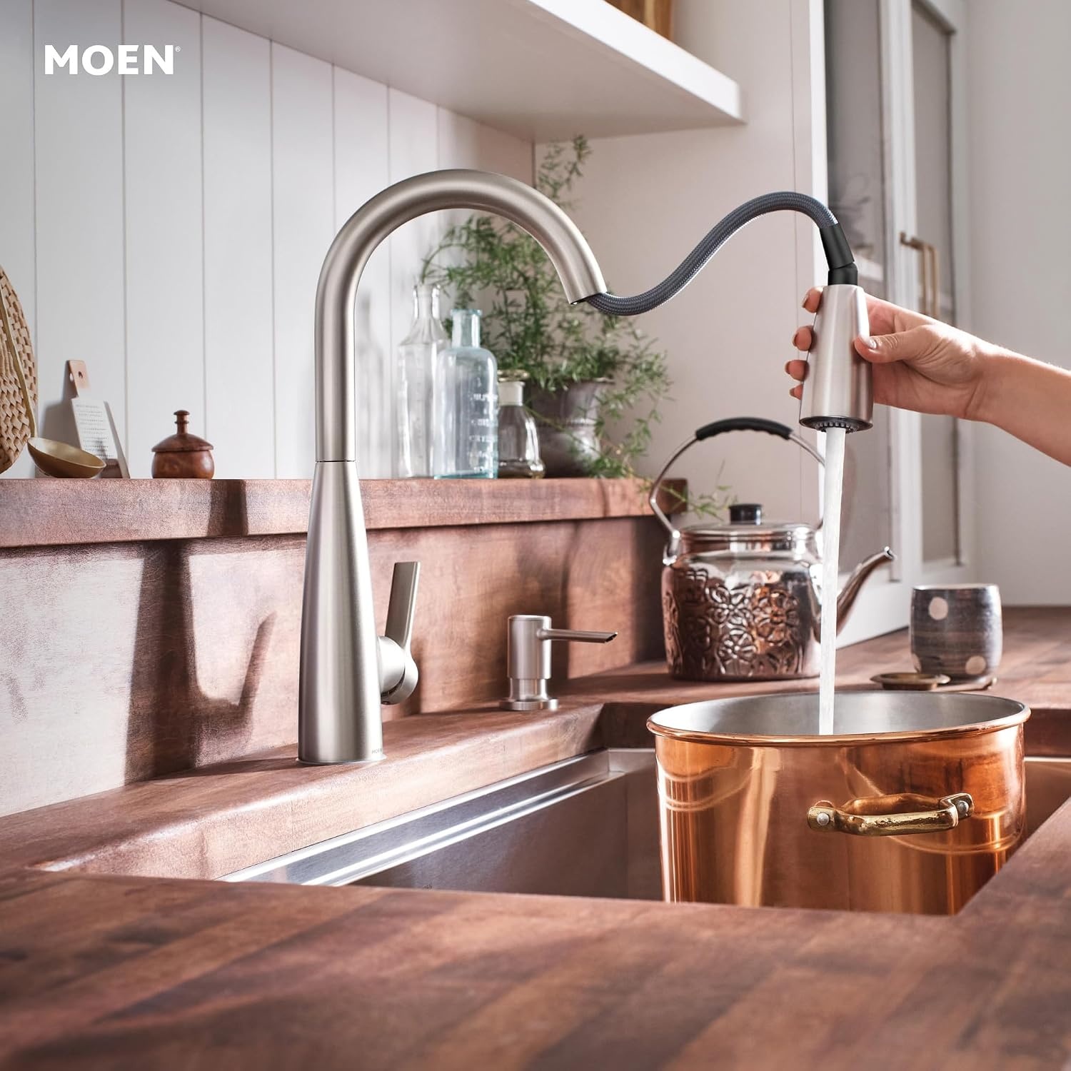image:imageMoen Haelyn Matte Black Touchless SingleHandle PullDown Sprayer Kitchen Faucet with Soap Dispenser Features Power Clean for a Faster Wash 87627EWBLSpot Resist Stainless