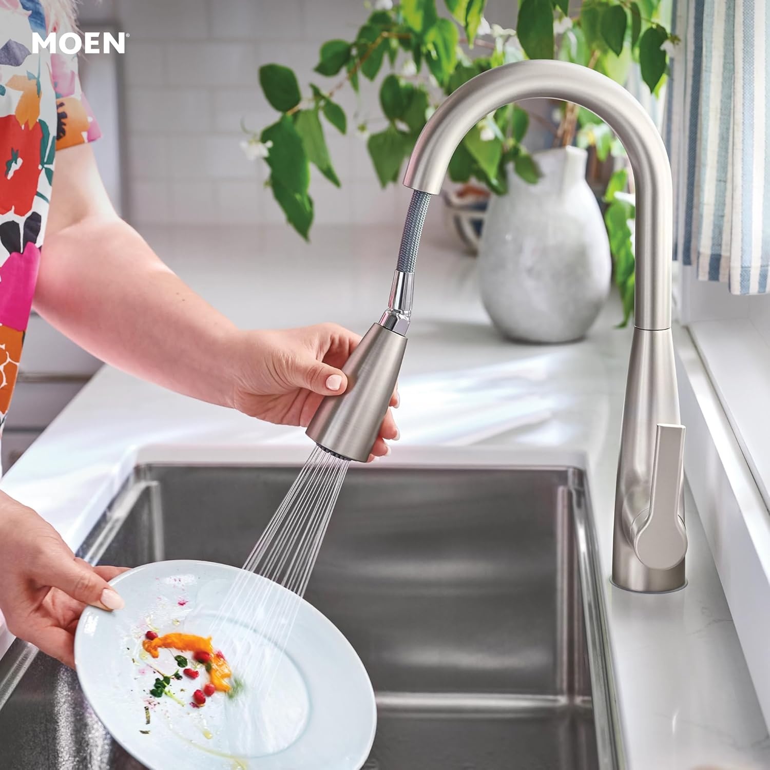 image:imageMoen Haelyn Matte Black Touchless SingleHandle PullDown Sprayer Kitchen Faucet with Soap Dispenser Features Power Clean for a Faster Wash 87627EWBLSpot Resist Stainless