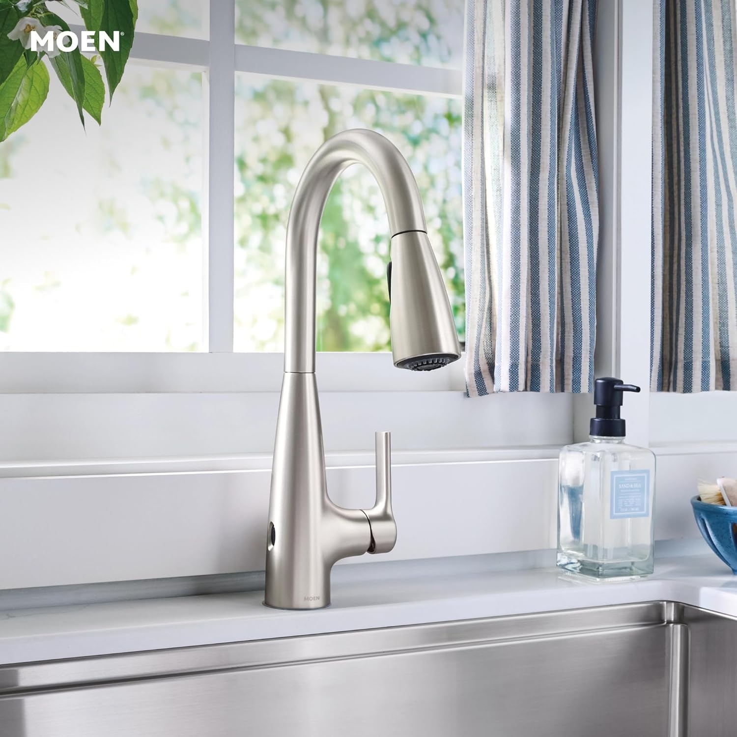 image:imageMoen Haelyn Matte Black Touchless SingleHandle PullDown Sprayer Kitchen Faucet with Soap Dispenser Features Power Clean for a Faster Wash 87627EWBLSpot Resist Stainless