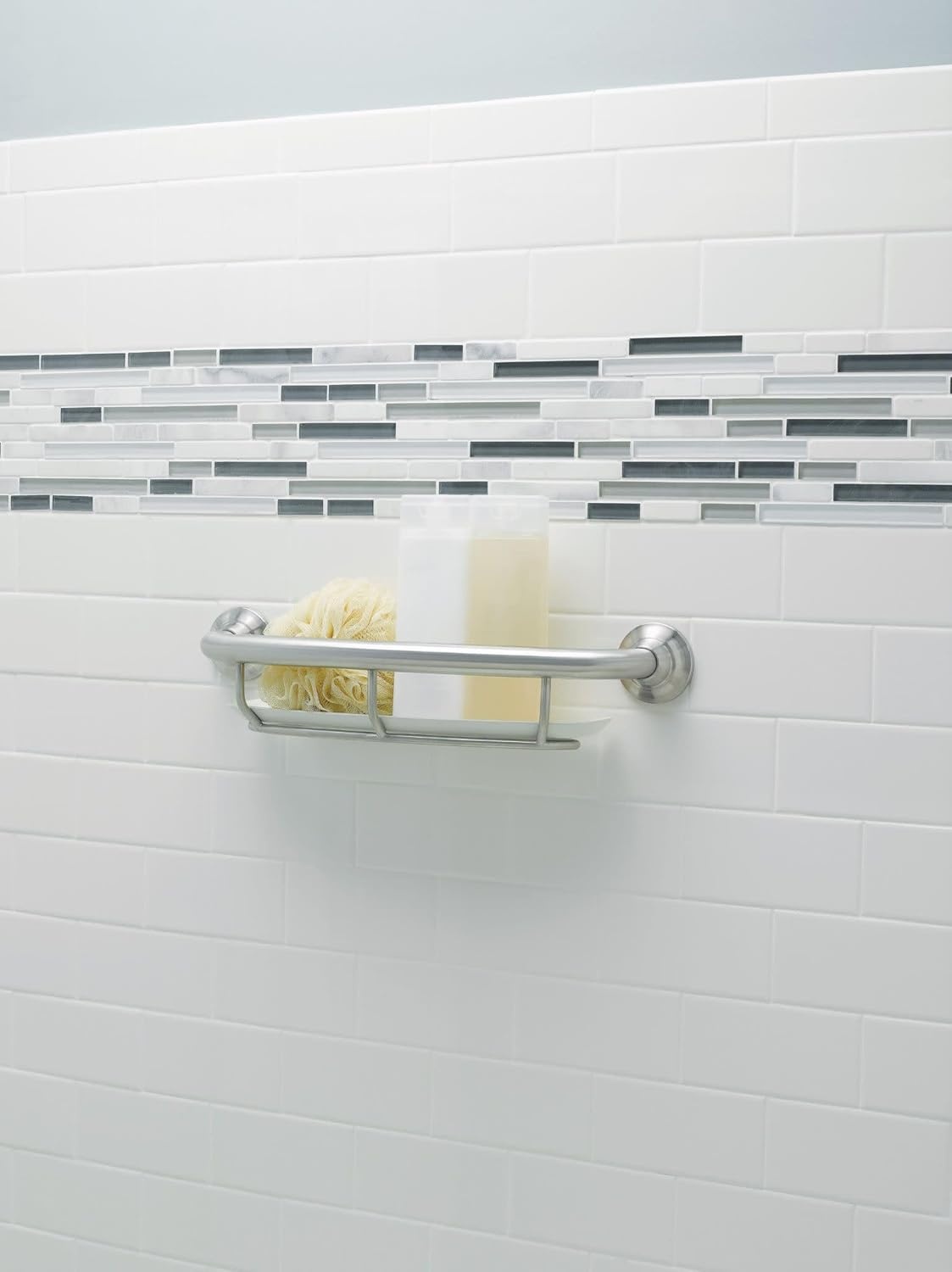 image:imageMoen Home Care Bathroom Safety 16 Inch Handicap Grab Bar for Bathtub and Shower with Storage Shelf Elderly Assistance Product Brushed Nickel R2356DBNBrushed Nickel