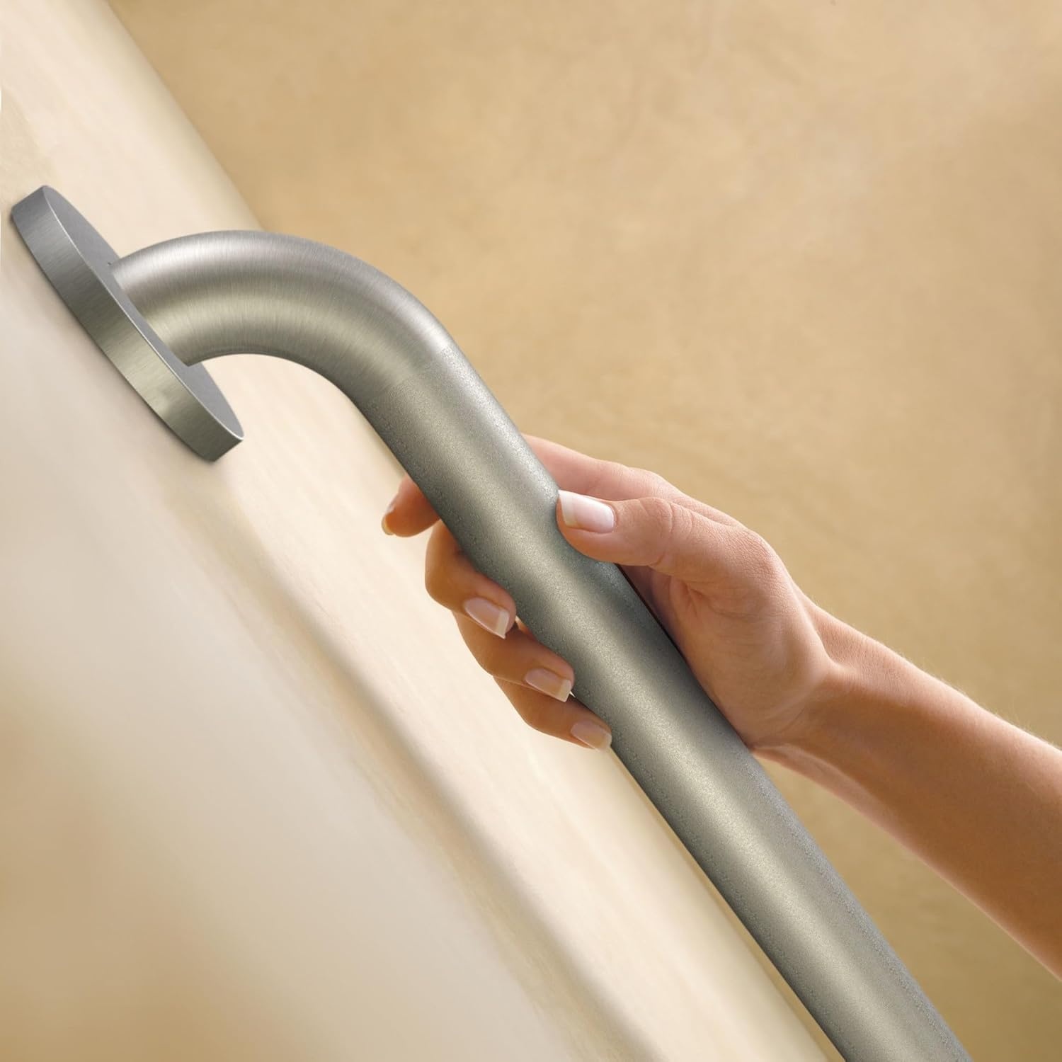 image:imageMoen Home Care Bathroom Safety 18 Inch Stainless Steel Handicap Grab Bar for Bathtub and Shower Elderly Assistance Product with Concealed Screws Polished Brass R8918Peened