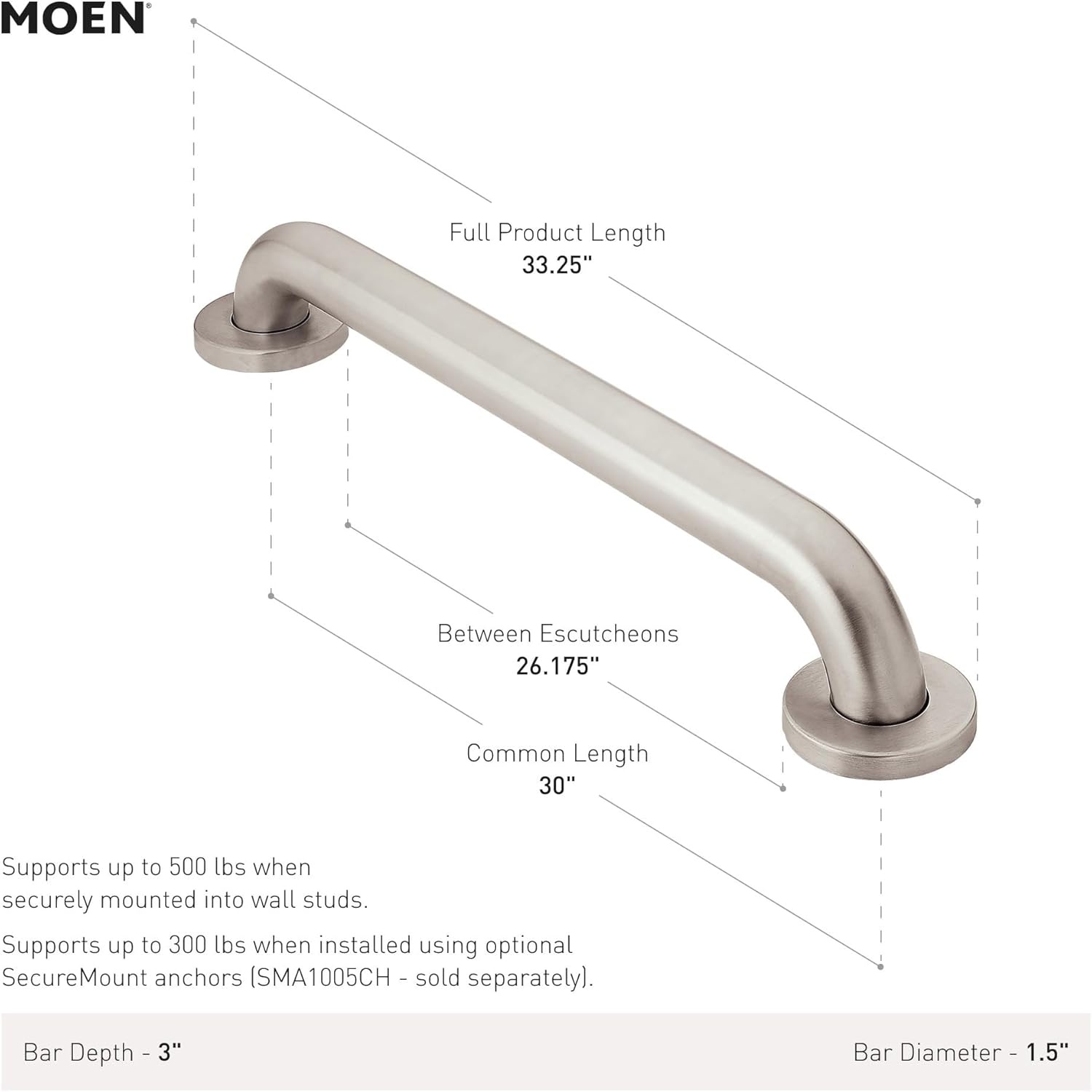 image:imageMoen Home Care Bathroom Safety 18 Inch Stainless Steel Handicap Grab Bar for Bathtub and Shower Elderly Assistance Product with Concealed Screws Polished Brass R8918Glacier
