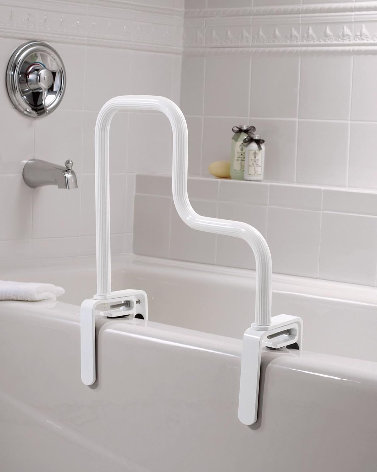 image:imageMoen Home Care MultiGrip Tub Safety Bar Glacier White Secure Bathroom Grab Bar for Bathtub Stability DN7005