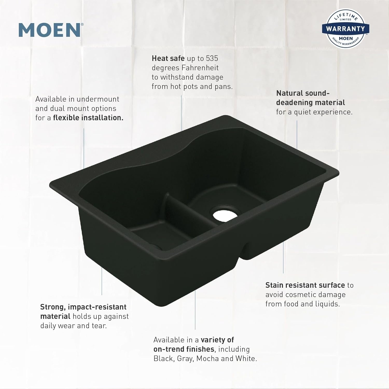 image:imageMoen Host Black Granite 33Inch Wide x 95Inch Deep Dual Mount Double Bowl Kitchen Sink GGB3024B