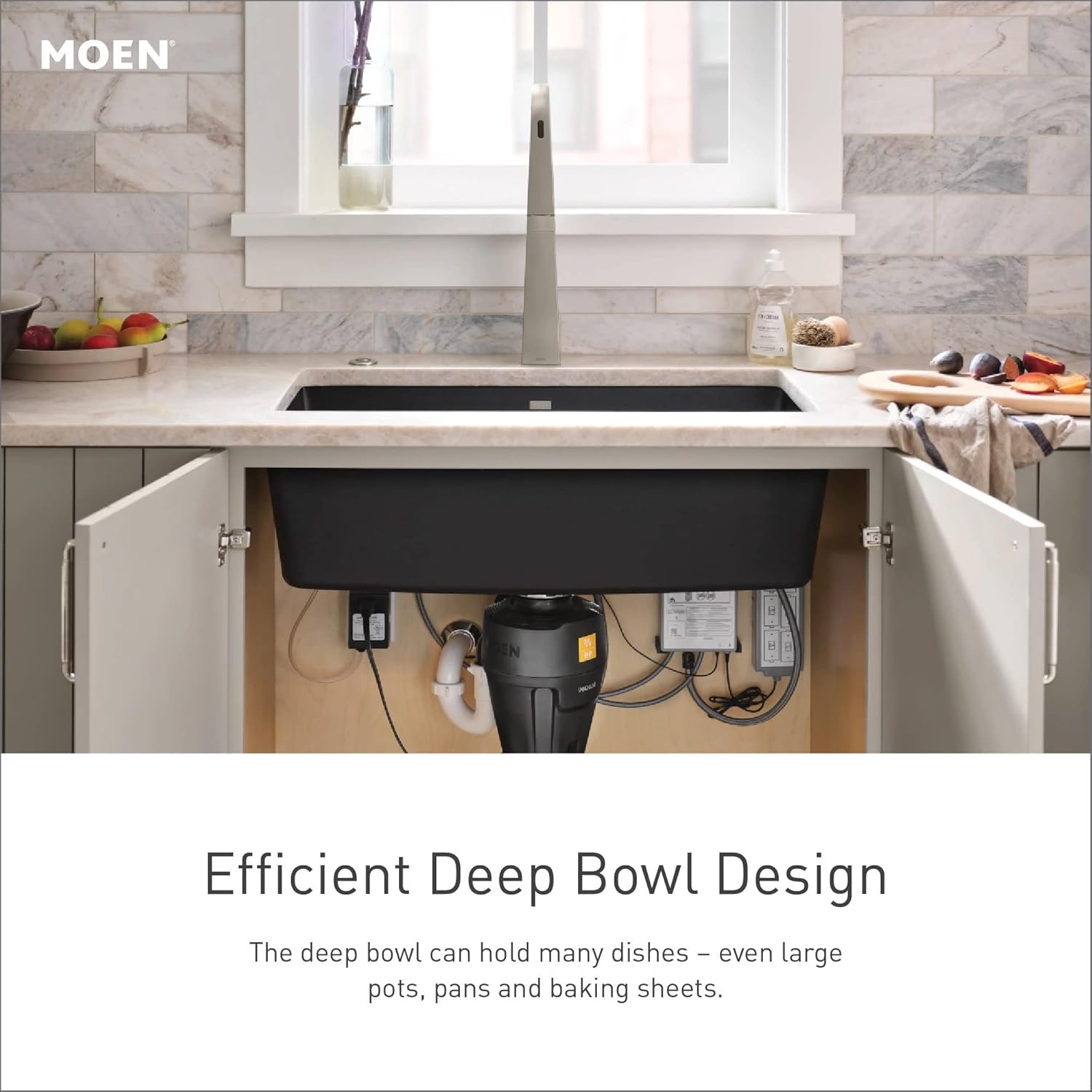 image:imageMoen Host Black Granite 33Inch Wide x 95Inch Deep Dual Mount Double Bowl Kitchen Sink GGB3024B