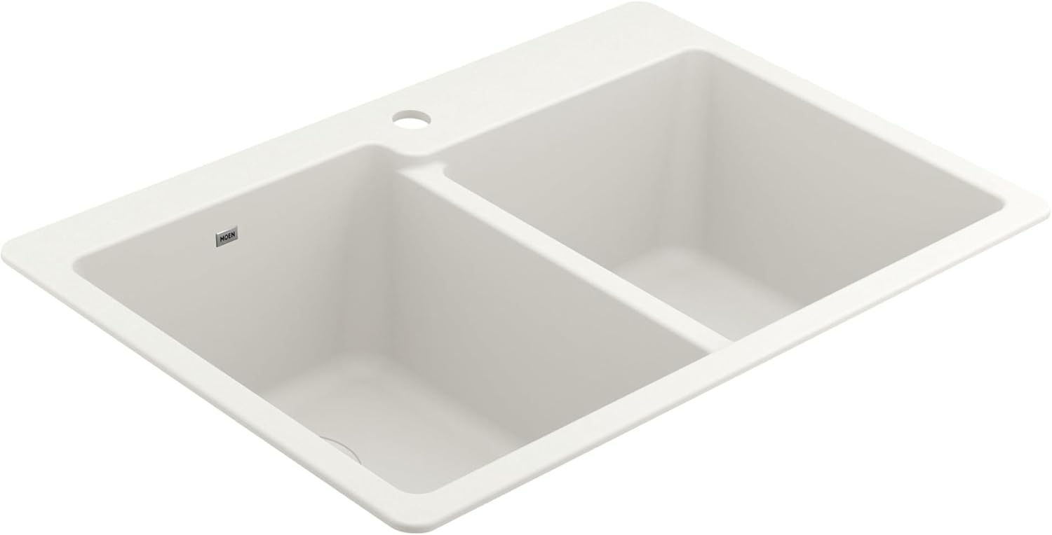 image:imageMoen Host White Granite 33Inch Wide x 95Inch Deep Dual Mount Double Bowl Kitchen Sink GGW3024B