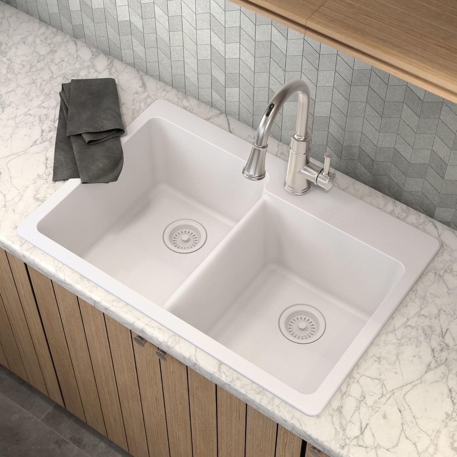 image:imageMoen Host White Granite 33Inch Wide x 95Inch Deep Dual Mount Double Bowl Kitchen Sink GGW3024B