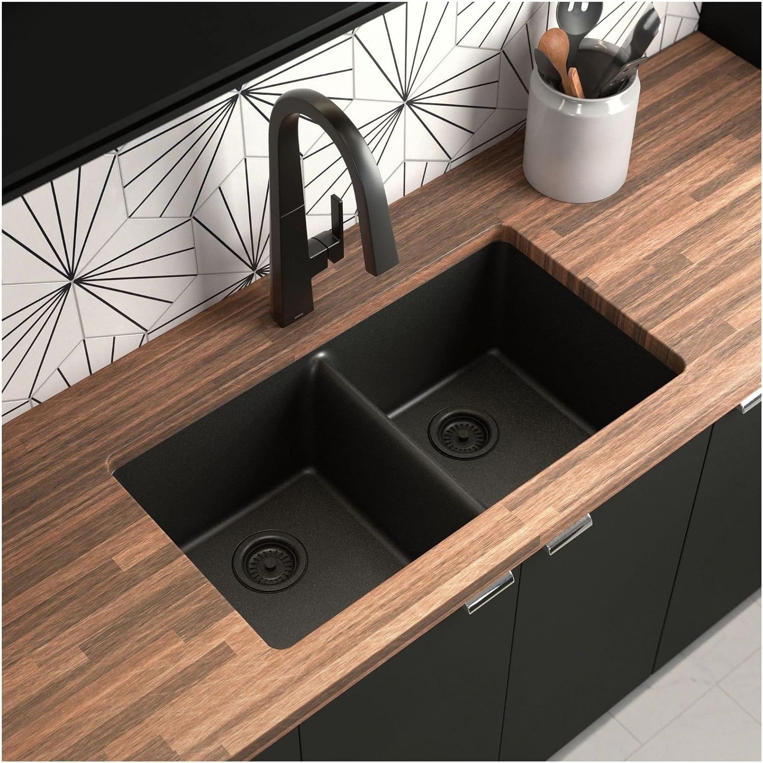 image:imageMoen Host White Granite 33Inch Wide x 95Inch Deep Undermount Double Bowl Kitchen Sink GGW4012BWhite