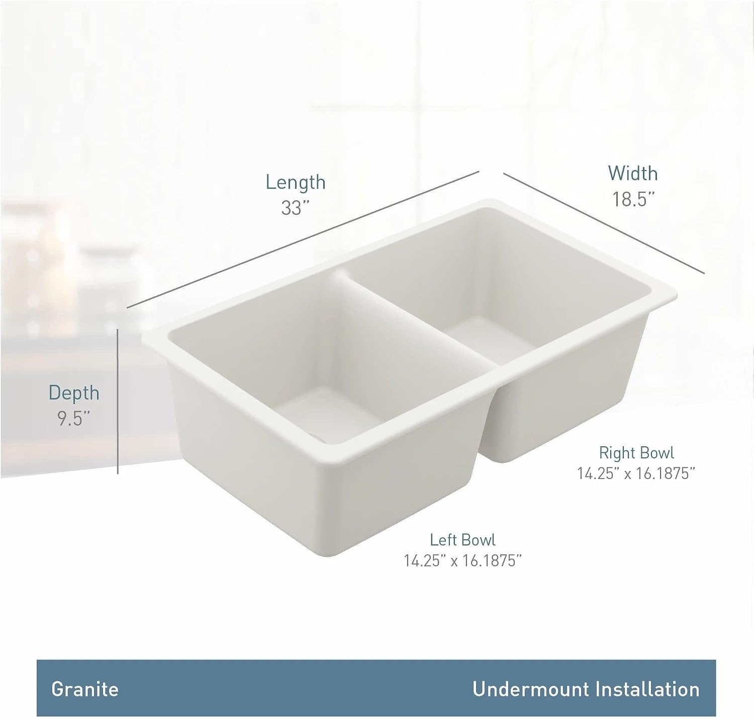 image:imageMoen Host White Granite 33Inch Wide x 95Inch Deep Undermount Double Bowl Kitchen Sink GGW4012BWhite