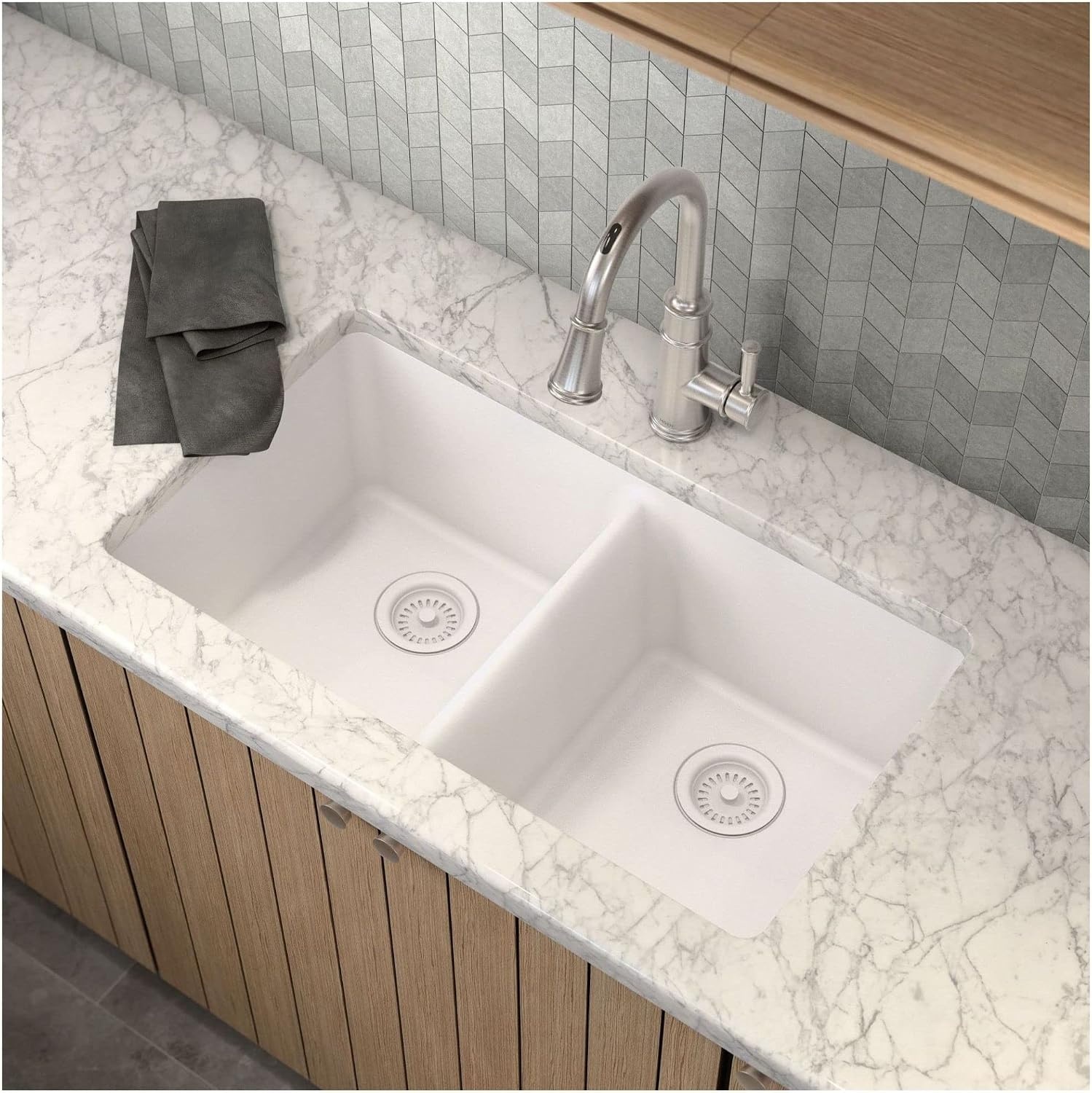 image:imageMoen Host White Granite 33Inch Wide x 95Inch Deep Undermount Double Bowl Kitchen Sink GGW4012BWhite