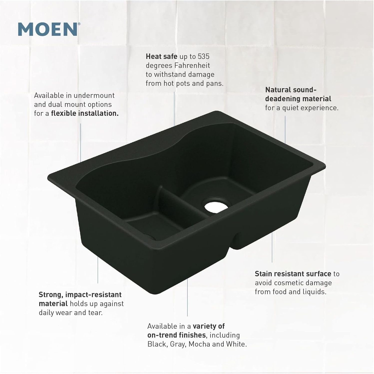 image:imageMoen Host White Granite 33Inch Wide x 95Inch Deep Undermount Double Bowl Kitchen Sink GGW4012BWhite