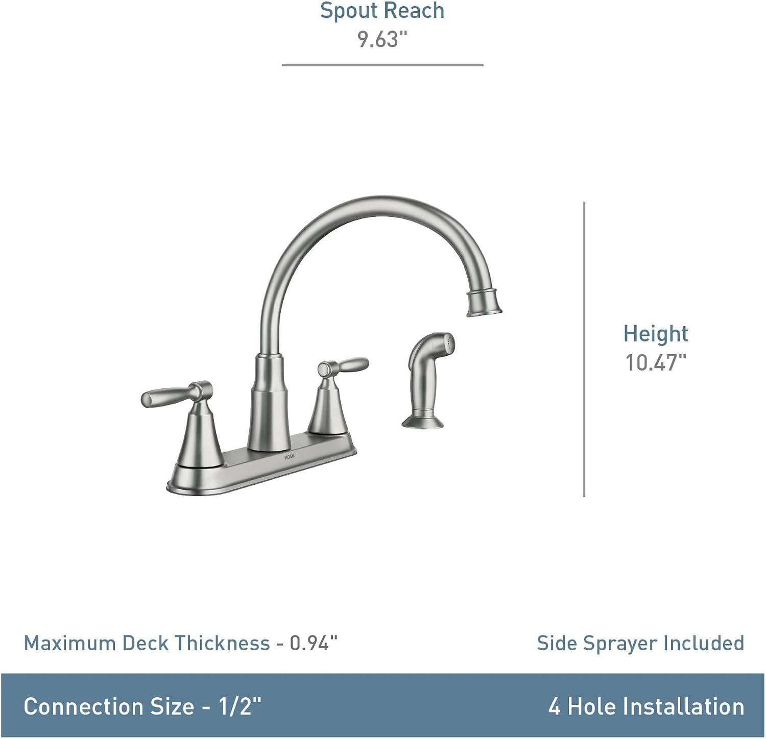 image:imageMoen Hutchinson Spot Resist Stainless 2Handle HighArc Kitchen Faucet with Side Sprayer 87048SRS