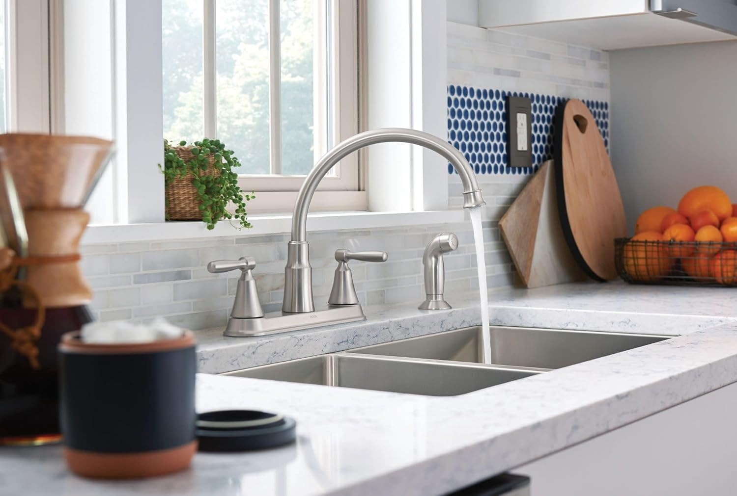 image:imageMoen Hutchinson Spot Resist Stainless 2Handle HighArc Kitchen Faucet with Side Sprayer 87048SRS