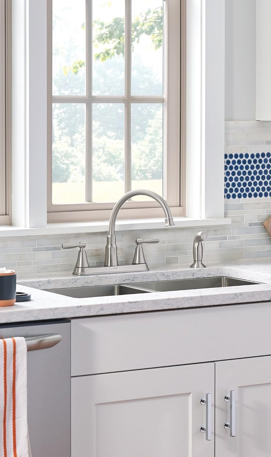 image:imageMoen Hutchinson Spot Resist Stainless 2Handle HighArc Kitchen Faucet with Side Sprayer 87048SRS