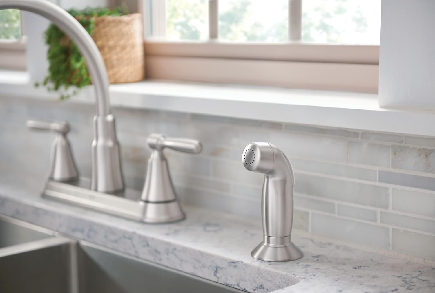 image:imageMoen Hutchinson Spot Resist Stainless 2Handle HighArc Kitchen Faucet with Side Sprayer 87048SRS