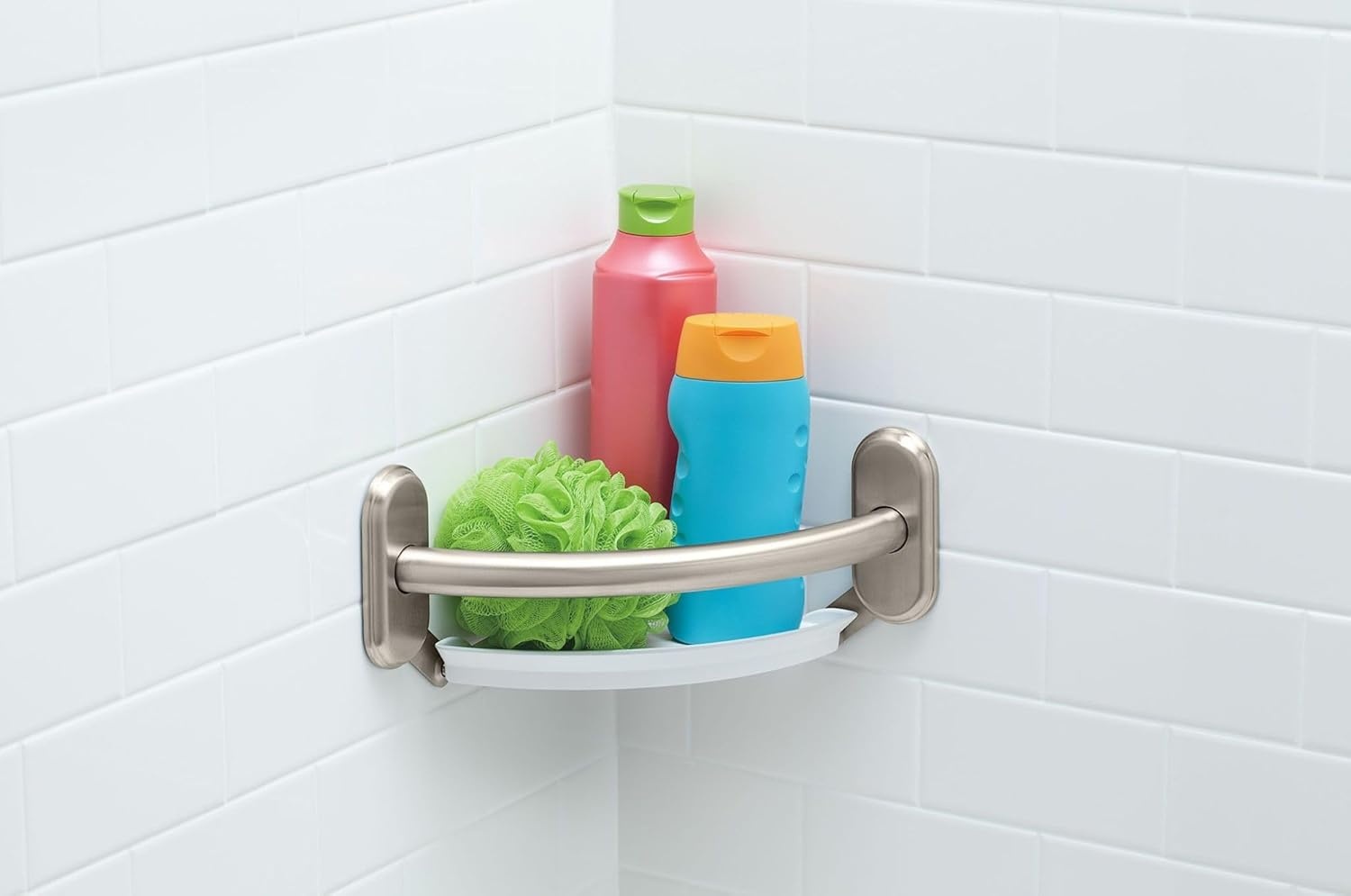 image:imageMoen LR2354DBN Bathroom Safety 9Inch Curved Bathroom Grab Bar with Integrated Corner Shelf Brushed NickelBrushed Nickel
