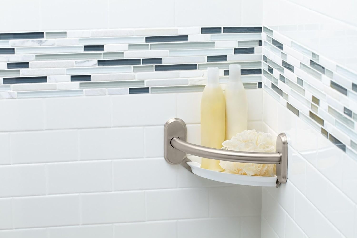 image:imageMoen LR2354DBN Bathroom Safety 9Inch Curved Bathroom Grab Bar with Integrated Corner Shelf Brushed NickelBrushed Nickel